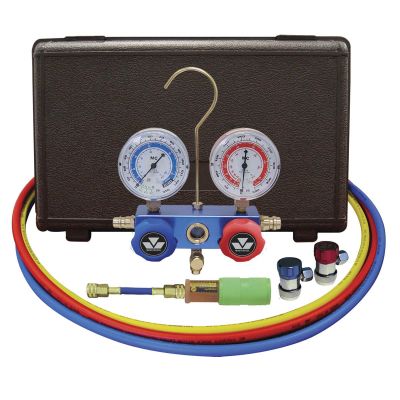 MSC89661-UV image(0) - Mastercool Automotive R134a 2-Way Manifold Gauge Set with Mini Dye Injector and Manual Couplers