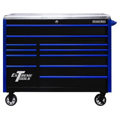 EXTEX5511RCQBKBL image(0) - Extreme Tools EXQ Series 55"W x 30"D 11 Drawer Professional Roller Cabinet Black with Blue EX Quick Release Drawer Pulls