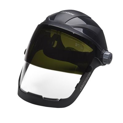 SRW14233 image(0) - Jackson Safety - Face Shield - QUAD 500 Premium Multi-Purpose Series - 9' x 12.125' x 0.060" Window - Clear AF with Shade 8 IR Flip Visor - 370 Speed Dial Headgear