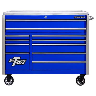 EXTEX5511RCQBLCR image(0) - Extreme Tools EXQ Series 55inW x 30inD 11 Drawer Professional Roller Cabinet  EX Quick Release Drawer Pulls  300 lbs Slides  Blue with Chrome Handles and Trim