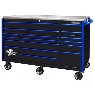 EXQ Series 72"W x 30'D 17-Drawer Pro Triple Bank Roller Cabinet Black w/ Blue Quick Release Drawer Pulls
