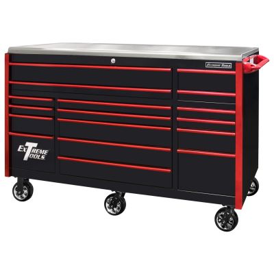 EXQ Series 72"W x 30'D 17-Drawer Pro Triple Bank Roller Cabinet Black w/ Red Quick Release Drawer Pulls
