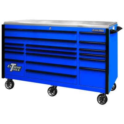 EXQ Series 72"W x 30'D 17-Drawer Pro Triple Bank Roller Cabinet Bleu avec poignes de tiroir à dgagement rapide noires