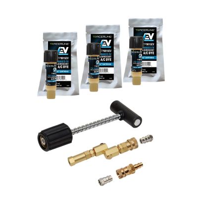 TRATP9814EV-BX image(0) - Mini-EZ™ POE-Based EV A/C dye injection kit with TP9815EV-P3 dye cartridges (compatible with R-134a and R-1234yf EV systems), solid-brass swivel-type R-134a coupler with check valve and purge fitting, R-1234yf adapter