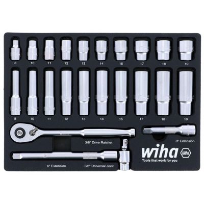 WIH33795 image(0) - Wiha Tools Set Includes - 10 Standard Sockets 8 - 19mm | 10 Deep Sockets 8 - 19mm | 3/8” Drive Ratchet 72 Tooth | 3/8” Drive Extension Bars 3”, 6” | 3/8” Drive Universal Joint