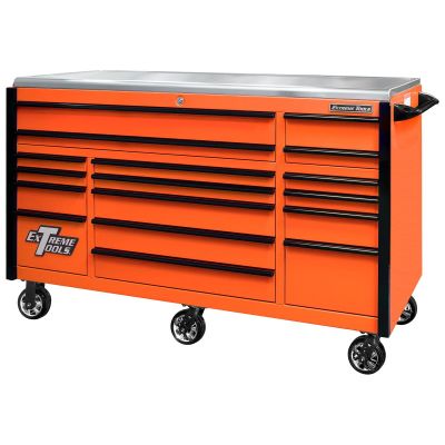 EXTEX7217RCQORBK image(0) - Extreme Tools EXQ Professional Series 72"Wx30"D 17 Drawer Triple Bank Roller Cabinet, Orange with Black Quick Release Anodized Aluminum Drw Pulls, 300-600 lbs. Drw Capacity, Stainless Steel Top