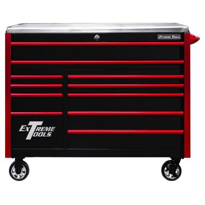 EXTEX5511RCQBKRD image(0) - Extreme Tools EXQ Series 55inW x 30inD 11 Drawer Professional Roller Cabinet   300 lbs Slides  Black with Red EX Quick Release Drawer Pulls and Trim