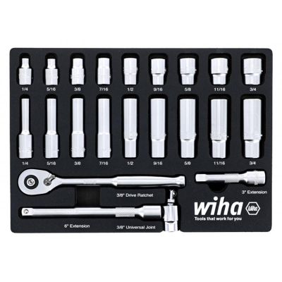 WIH33796 image(0) - Wiha Tools Set Includes - 9 Standard Sockets 1/4” - 3/4” | 9 Deep Sockets 1/4” - 3/4” | 3/8” Dr. Ratchet 72 Tooth | 3/8” Dr. Extension Bars 3”, 6” | 3/8” Dr. Universal Joint