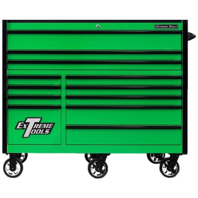 EXTRX552512RCGNBK-X image(0) - Extreme Tools Extreme Tools RX Series Professional 55"W x 25"D 12 Drawer Roller Cabinet 150 lbs slides Green, Black Drawer Pulls