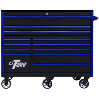 EXTRX552512RCBKBL-X image(0) - Extreme Tools Extreme Tools RX Series Professional 55"W x 25"D 12 Drawer Roller Cabinet 150 lbs slides Black, Blue Drawer Pulls
