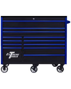 EXTRX552512RCBKBL-X image(0) - Extreme Tools Extreme Tools RX Series Professional 55"W x 25"D 12 Drawer Roller Cabinet 150 lbs slides Black, Blue Drawer Pulls