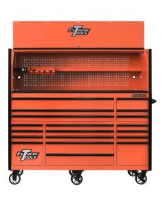 EXTRX723020HROK image(0) - Extreme Tools RX Series 72"W x 30"D Pro Hutch & 19 Drawer Roller Cabinet Combo; Orange w Black Drawer Pulls