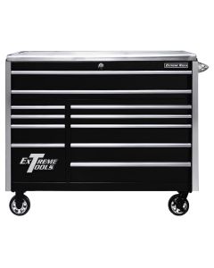 EXTEX5511RCQBKCR image(0) - Extreme Tools EXQ Series 55inW x 30inD 11 Drawer Professional Roller Cabinet  300 lbs Slides  Black with Chrome EX Quick Release Drawer Pulls and Trim