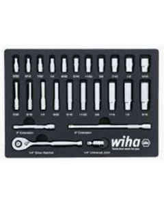 WIH33396 image(0) - Wiha Set Includes - 11 Standard Sockets 5/32&rdquo; - 9/16&rdquo; | 10 Deep Sockets 5/32&rdquo; - 9/16&rdquo; | 1/4&rdquo; Drive Ratchet 72 Tooth | 1/4&rdquo; Drive Extension Bars 3&rdquo;, 6&rdquo; | 1/4&rdquo; Drive Universal Joint