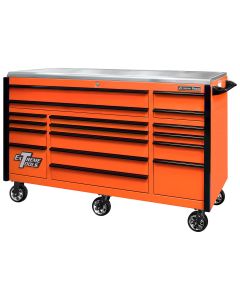 EXTEX7217RCQORBK image(0) - Extreme Tools EXQ Professional Series 72"Wx30"D 17 Drawer Triple Bank Roller Cabinet, Orange with Black Quick Release Anodized Aluminum Drw Pulls, 300-600 lbs. Drw Capacity, Stainless Steel Top