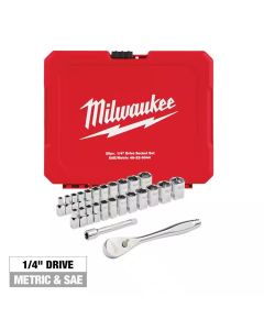 MLW48-22-9044 image(0) - Milwaukee Tool 25pc 1/4" Drive Metric & SAE Ratchet and Socket Set with FOUR FLAT SIDES