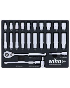 WIH33795 image(0) - Set Includes - 10 Standard Sockets 8 - 19mm | 10 Deep Sockets 8 - 19mm | 3/8” Drive Ratchet 72 Tooth | 3/8” Drive Extension Bars 3”, 6” | 3/8” Drive Universal Joint