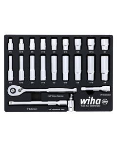 WIH33796 image(0) - Wiha Tools Set Includes - 9 Standard Sockets 1/4&rdquo; - 3/4&rdquo; | 9 Deep Sockets 1/4&rdquo; - 3/4&rdquo; | 3/8&rdquo; Dr. Ratchet 72 Tooth | 3/8&rdquo; Dr. Extension Bars 3&rdquo;, 6&rdquo; | 3/8&rdquo; Dr. Universal Joint